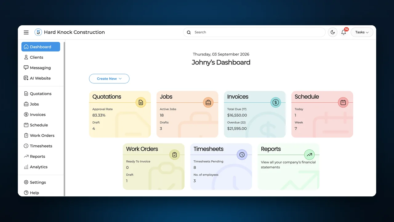 The Jobtable dashboard showing quotations, jobs, invoices and schedule